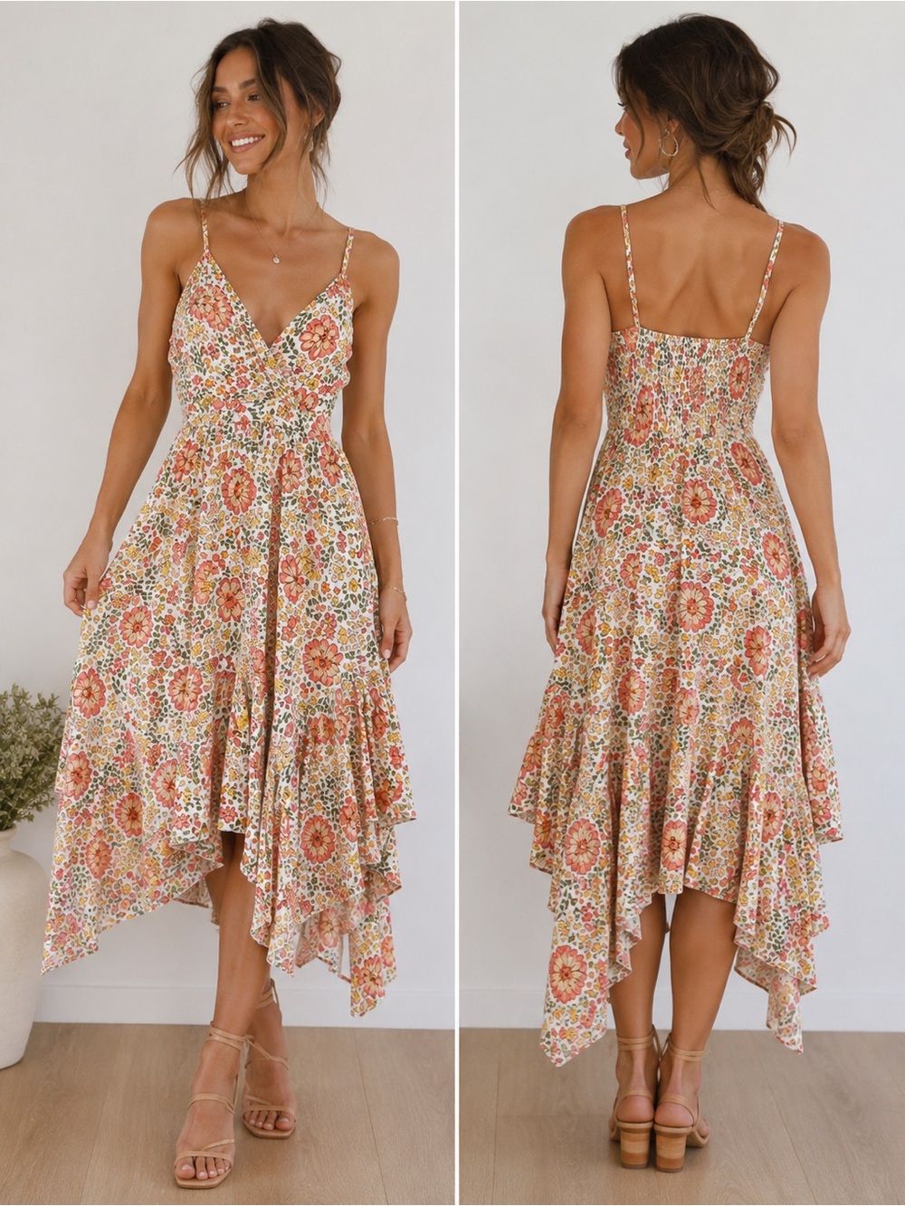 Angie Cream Floral High-Low Midi Dress with Coral and Green Print